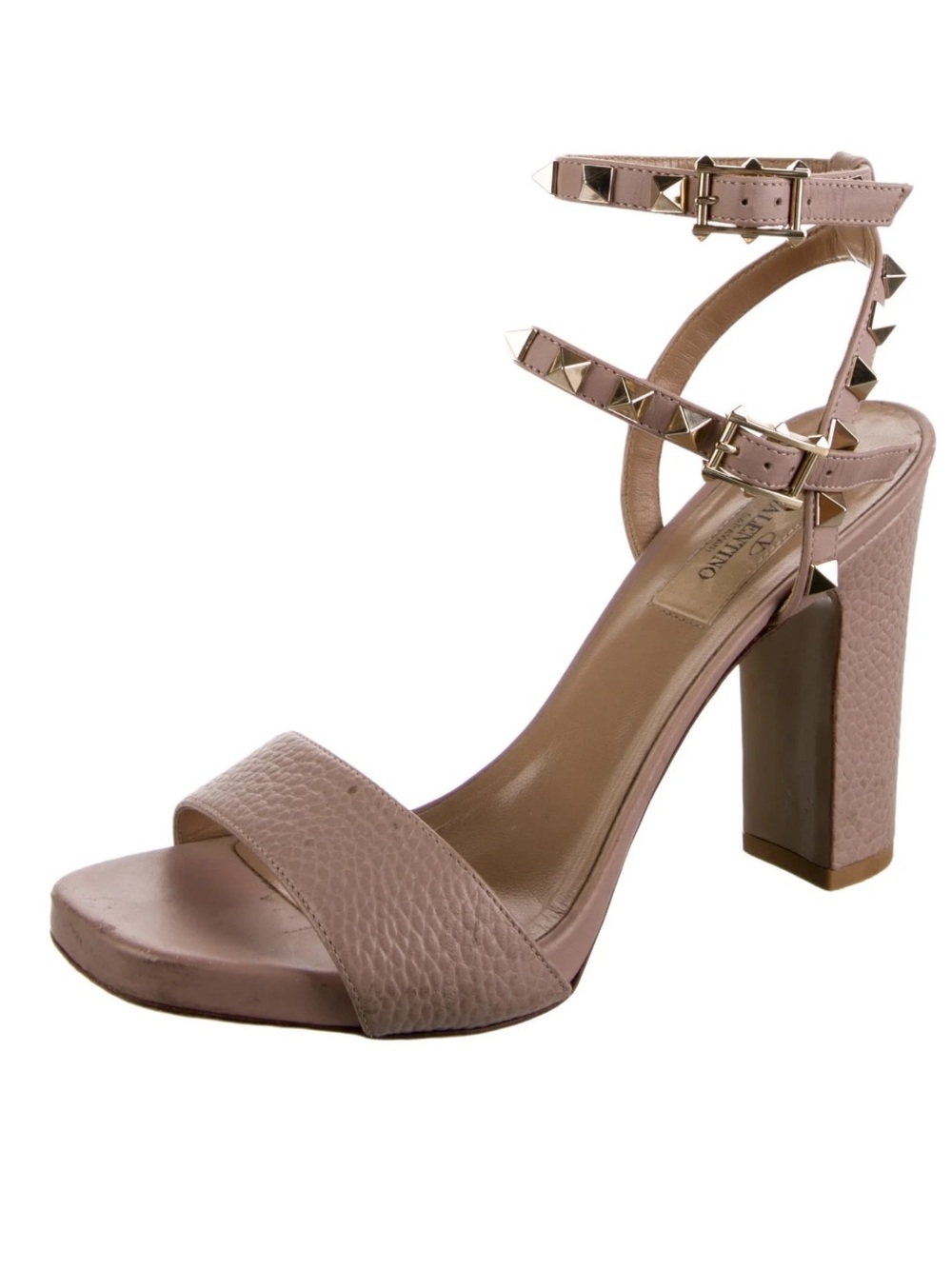 Valentino Studded Ankle-Strap Block Heel Sandals in Taupe size 36